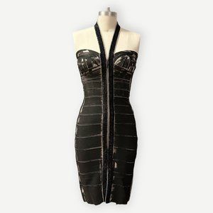 NWT Black Beaded Herve Leger Halter Bandage Bodycon Dress, size Small S